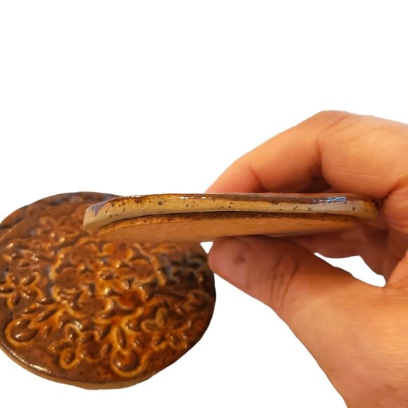 Handmade‎ Ceramic Stamped Clay Coasters Set of 4 Brown Boho Style Geometry Cork - Picture 4 of 6